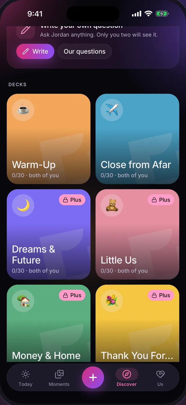 Découvrir : les paquets de questions Warm-Up, Close from Afar, Dreams & Future, Little Us, Money & Home et Thank You For, avec la progression de chacun de vous.