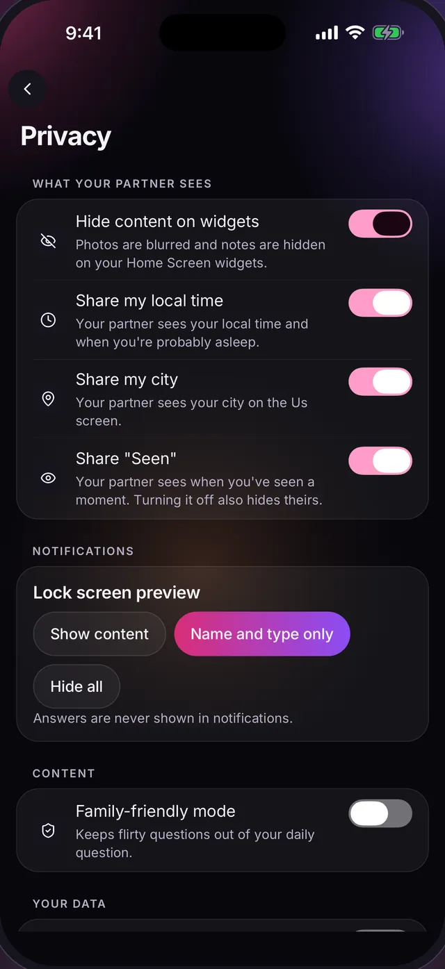 Réglages de confidentialité : masquer le contenu des widgets, partager mon heure locale, partager ma ville, partager Vu, et le choix de l’aperçu sur l’écran verrouillé.