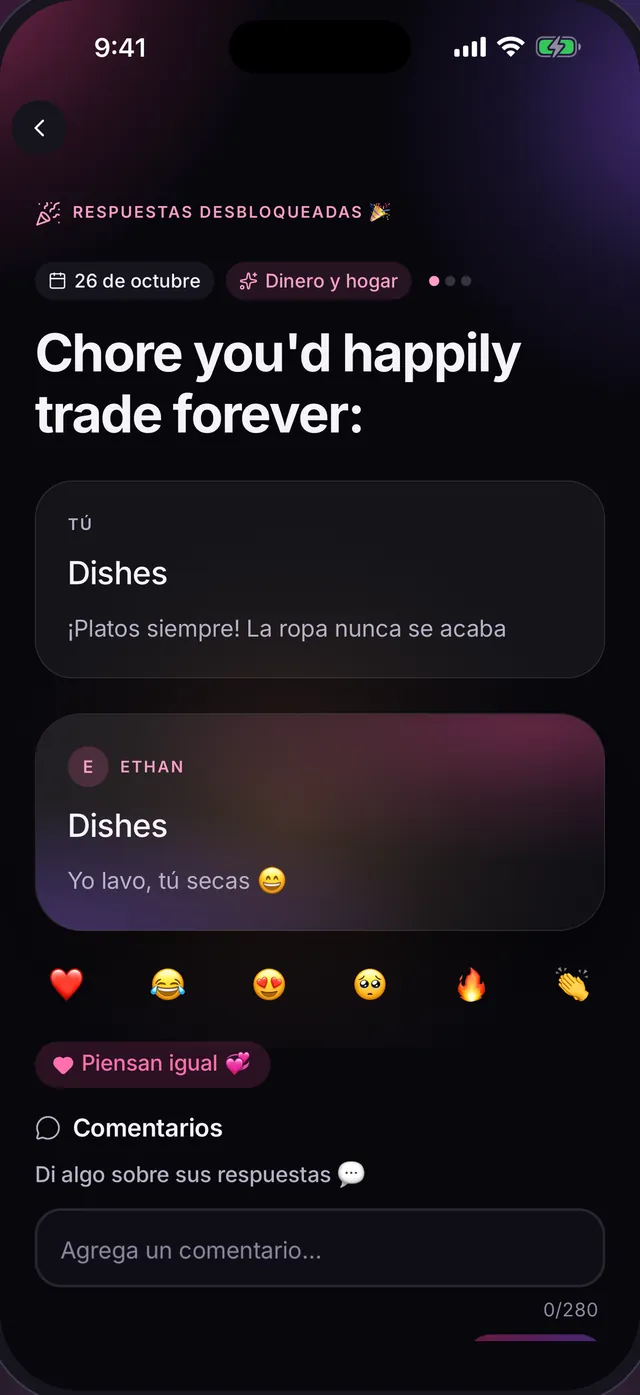 Respuestas desbloqueadas de la pregunta del día: tu respuesta y la de Ethan, una junto a la otra, con reacciones y comentarios.