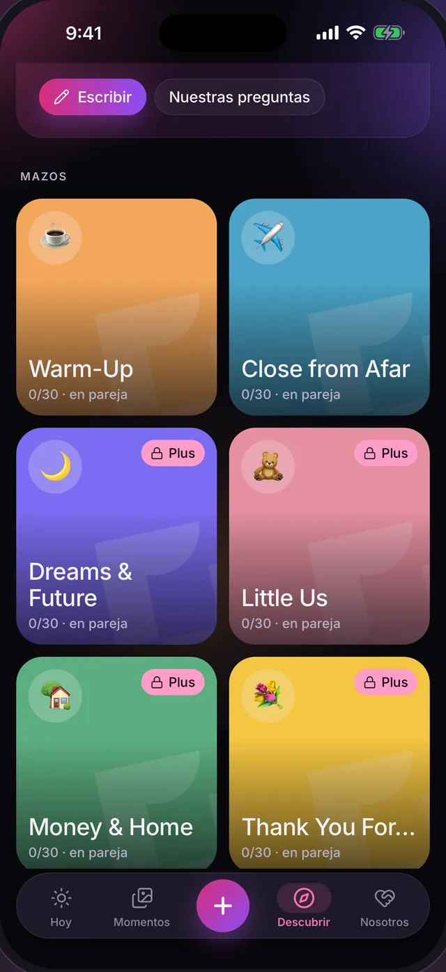 Descubrir: los mazos de preguntas Warm-Up, Close from Afar, Dreams & Future, Little Us, Money & Home y Thank You For, con el progreso de los dos.