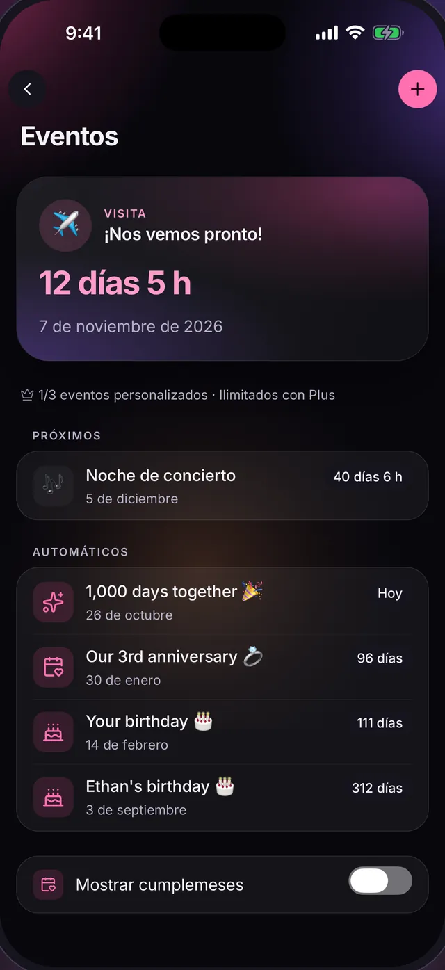 Eventos: una cuenta regresiva de 12 días y 5 horas para la próxima visita, una noche de concierto y fechas automáticas como 1000 días juntos, su aniversario y cumpleaños.