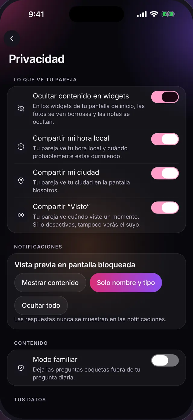 Ajustes de privacidad: ocultar contenido en widgets, compartir mi hora local, compartir mi ciudad, compartir "Visto" y la vista previa en pantalla bloqueada.
