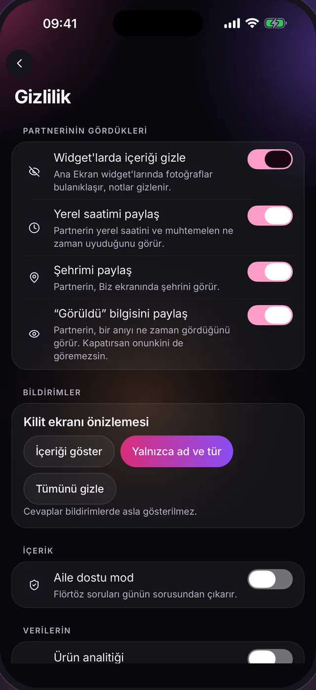 Gizlilik ayarları: widget’larda içeriği gizle, yerel saatimi paylaş, şehrimi paylaş, “Görüldü” bilgisini paylaş ve kilit ekranı önizlemesi seçimi.